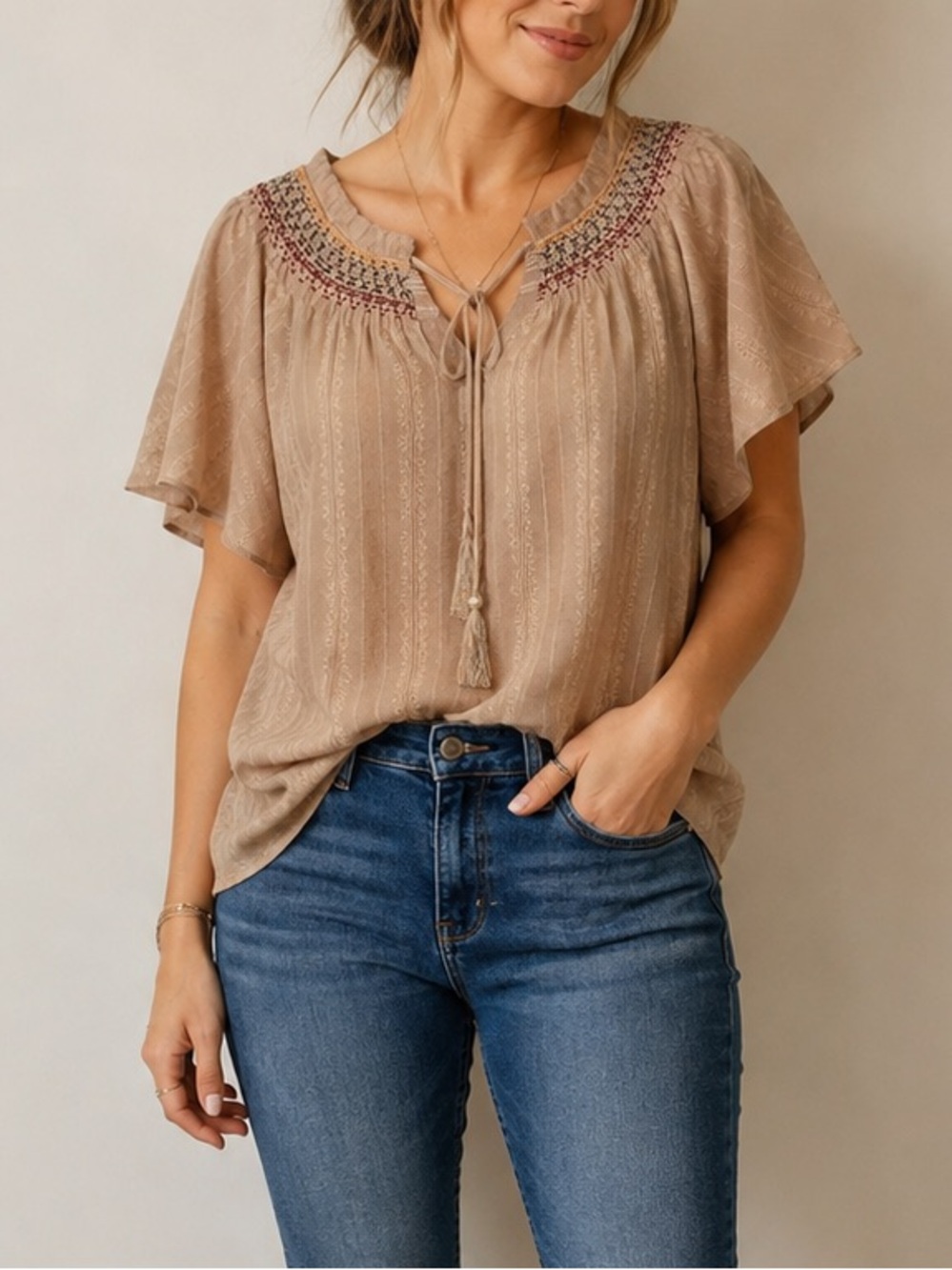 Embroidered Tassel Tie Blouse in Taupe
